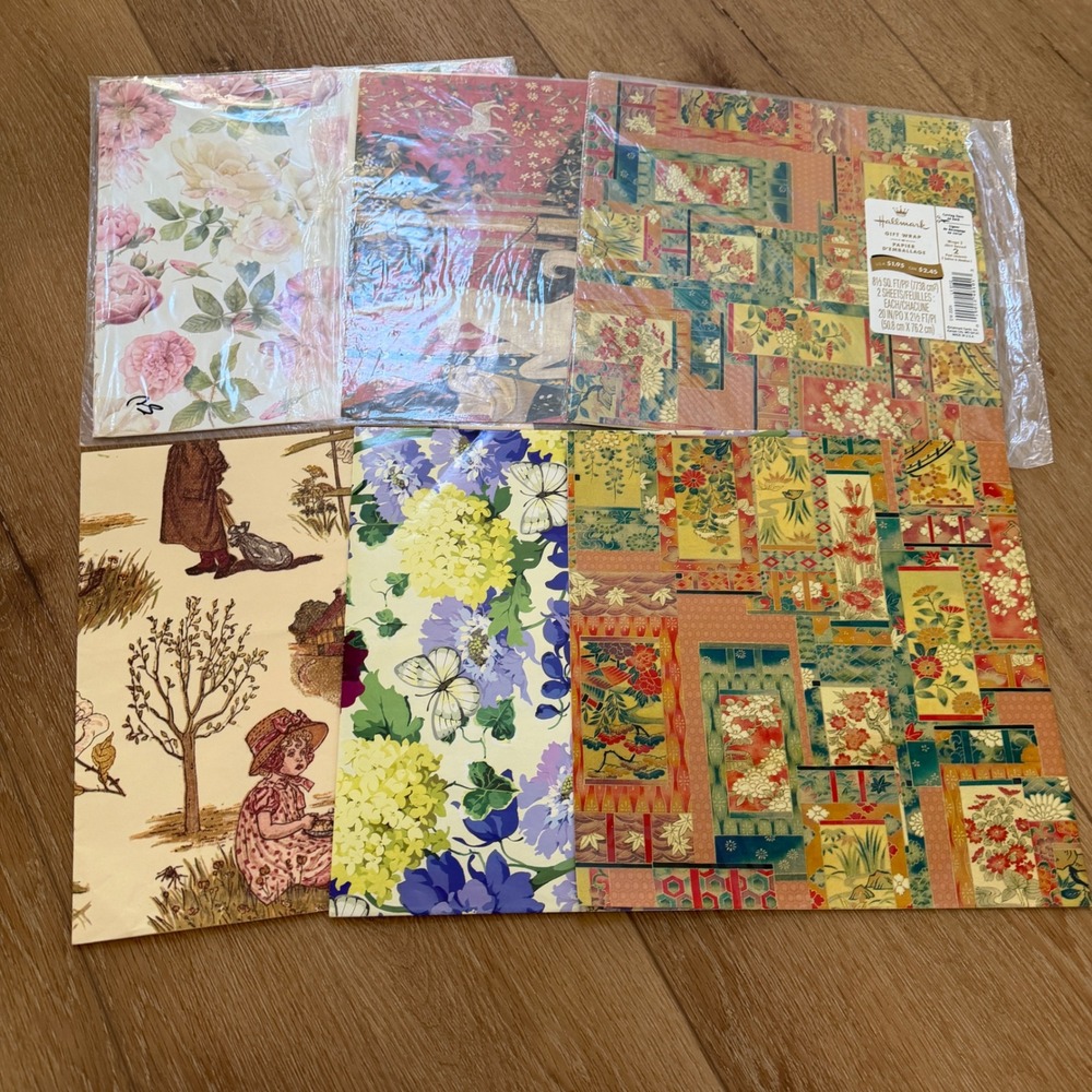 Vintage Hallmark Gift Wrap Lot Unicorn Tapestry Floral Marjolein Bastin 7 Sheets